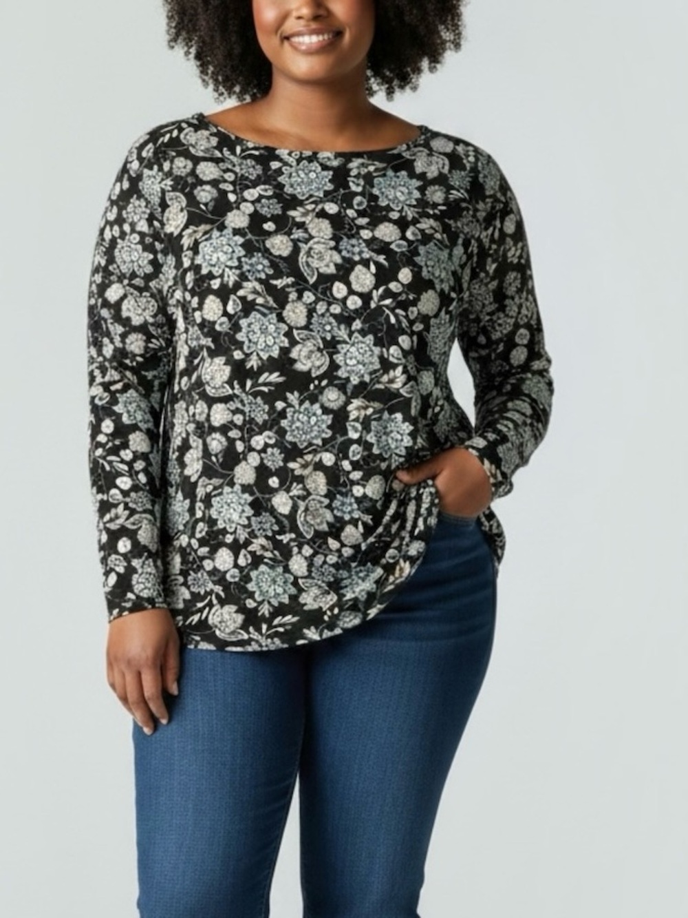 J Jill Luxe Supima Cotton Modal Stretch Boatneck Long Sleeve Floral Tunic Top XL